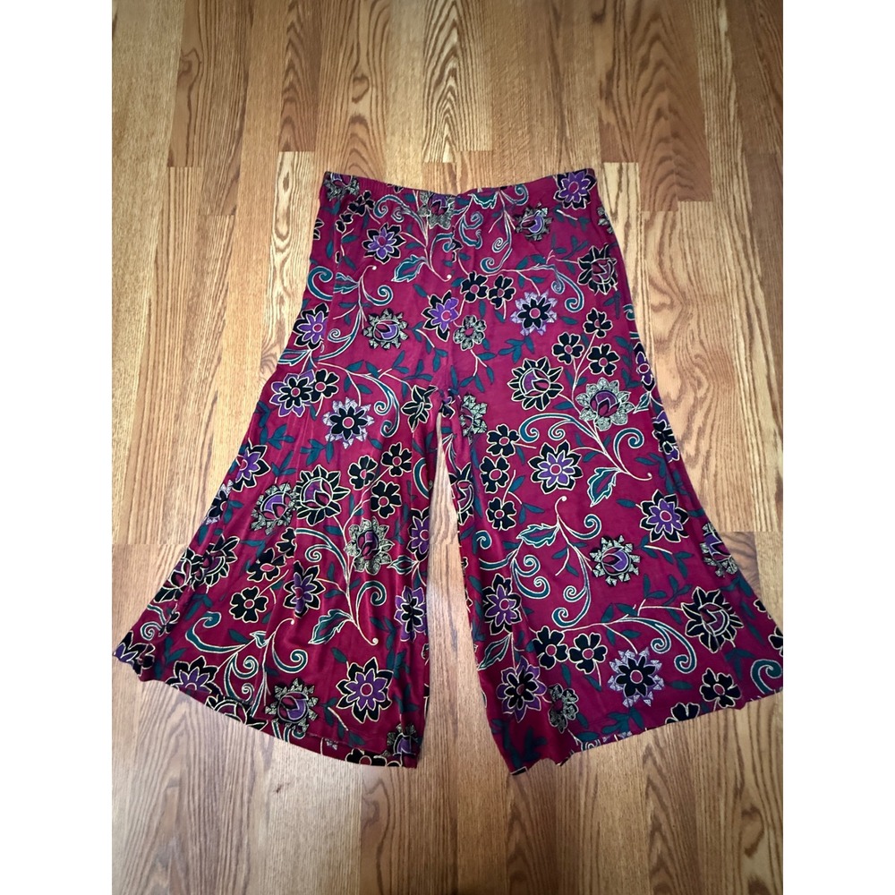 Slinky Brand Womens 3X Floral Wide Leg Palazzo Pants Burgundy Red Flared Stretch